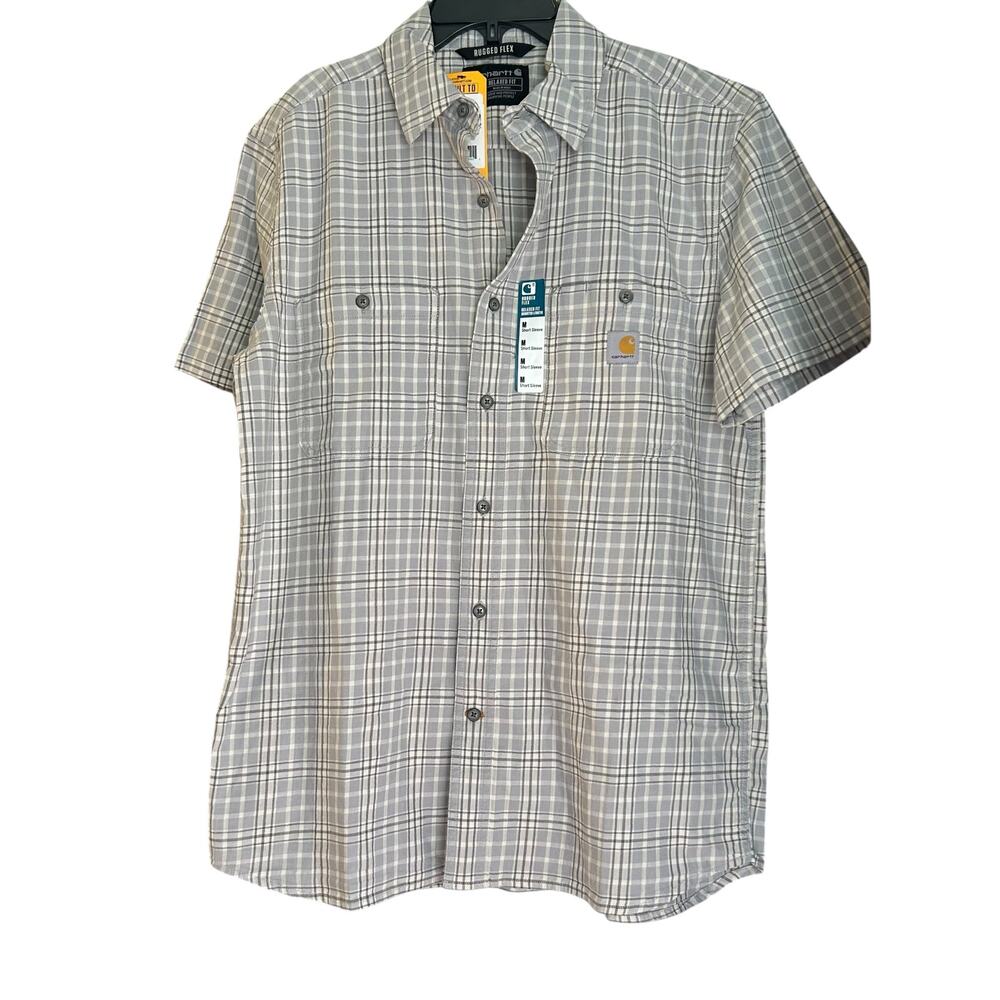 Carhartt NWT Mens Shirt SZ Med Rugged Flex Shorter Length Gray Plaid Relaxed
